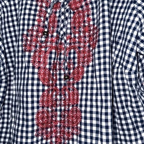 Westport 1989 Womens 2X Navy & White Gingham Blouse With Red Embroidery & Tie Sl - Picture 2 of 6